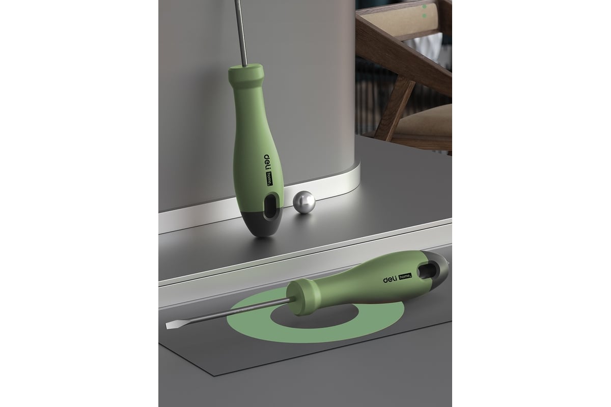 Шлицевая отвёртка Deli "Home Series Green" HT1103L SL3x75мм (Cr-V, Soft Touch рукоять, эксклюзивный дизайн, подарочная упаковка) 130292