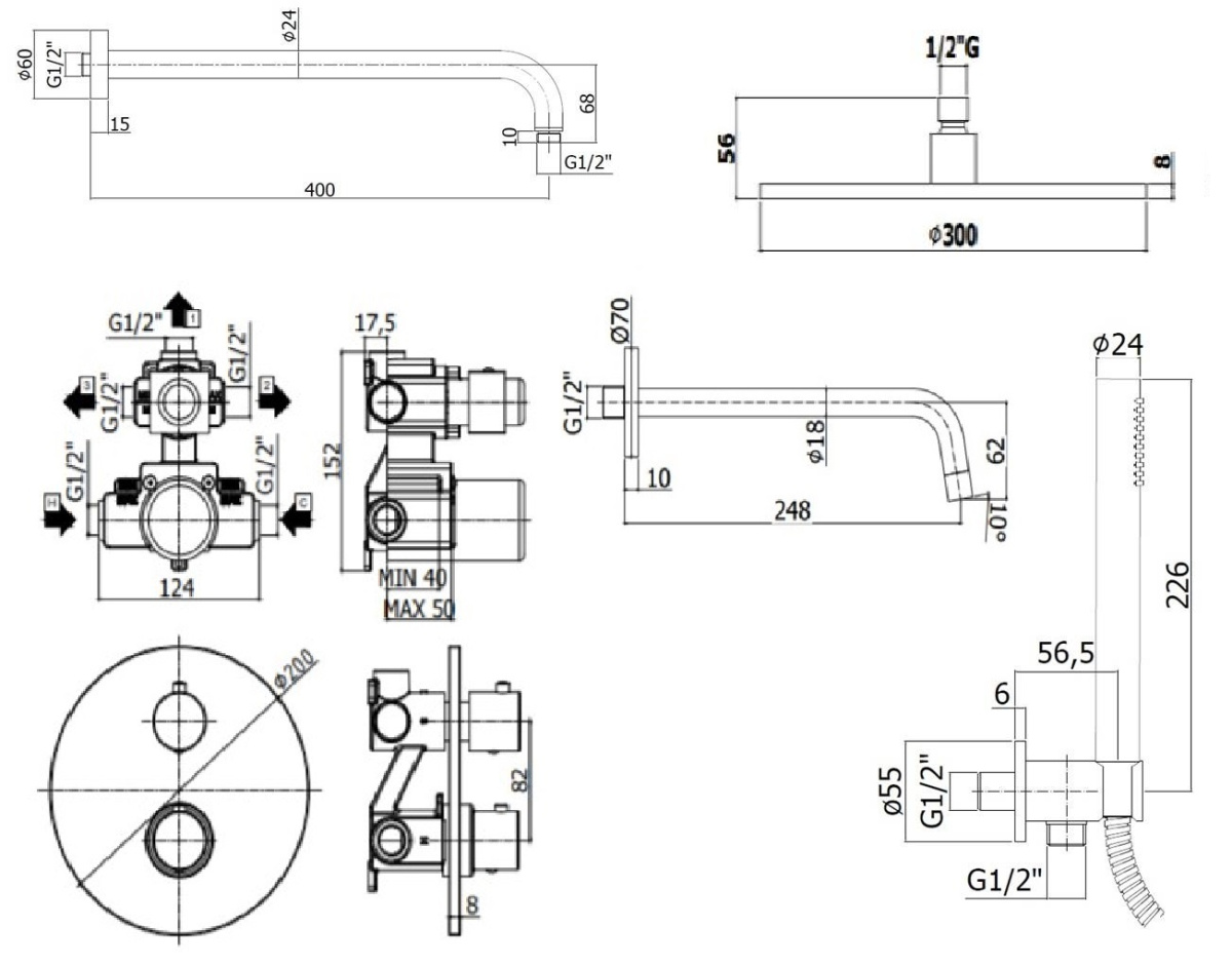 Душевой набор Paffoni Light KITLIQ019CR046KING душ 30 см, излив 24.5 см, с термостатом, хром