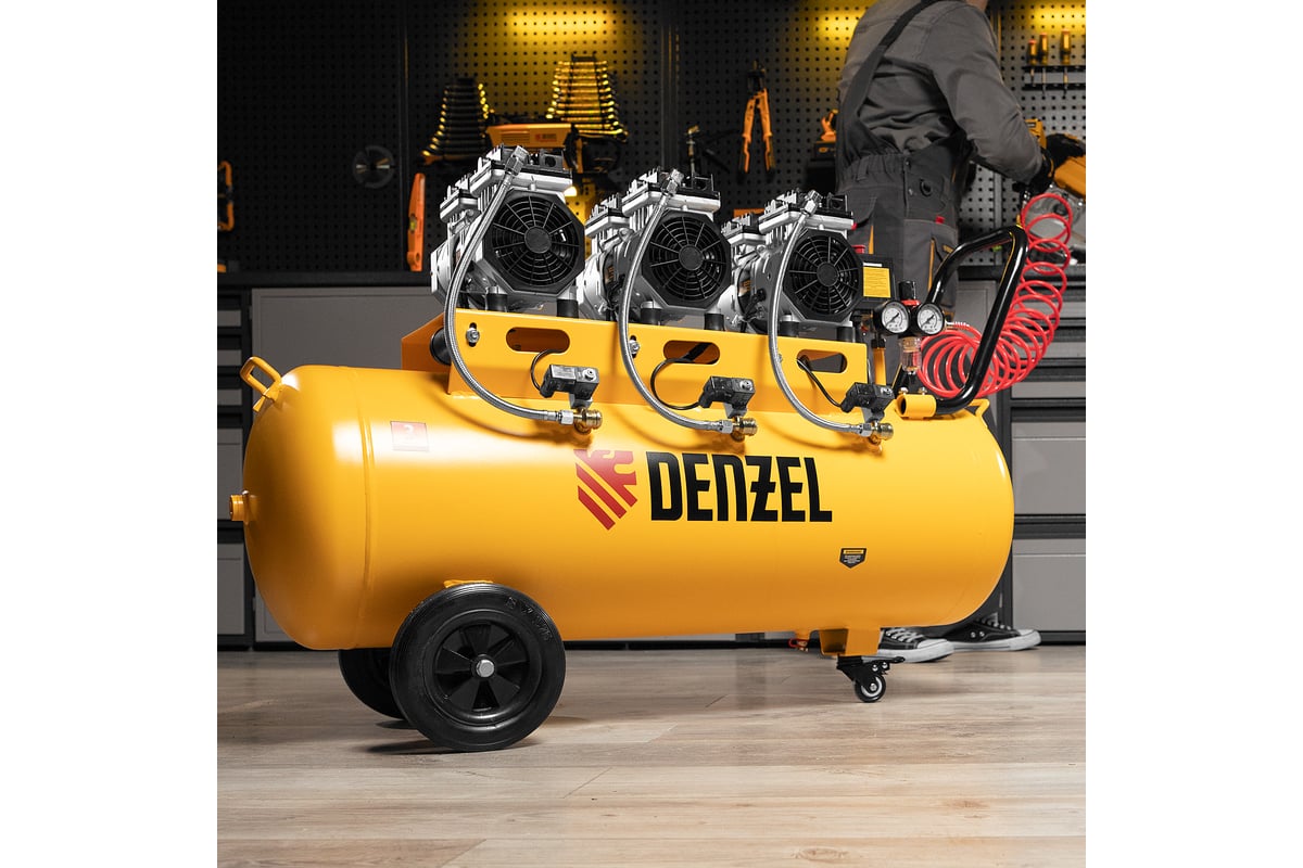 Безмаслянный малошумный компрессор Denzel DLS 1800/100,1800 Вт, 3x600, 100 л, 345 л/мин 58028