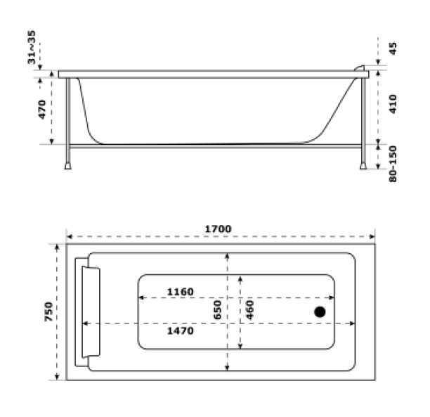 Акриловая ванна Jacob Delafon Spacio 170x75 без подушки