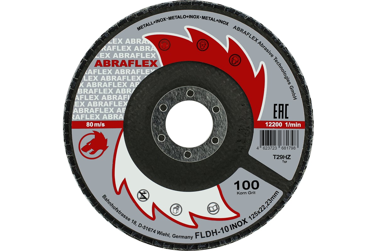 Круг лепестковый торцевой КЛТ2 125x22.23 мм, Р100, по нержавеющей стали Abraflex FLDH10INOX125P100