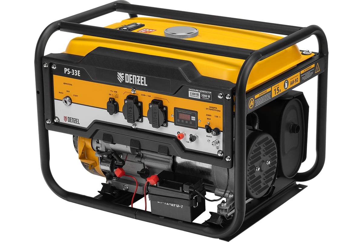 Бензиновый генератор Denzel PS-33E, 3,3 кВт, 230В, 15 л, электростартер 94537