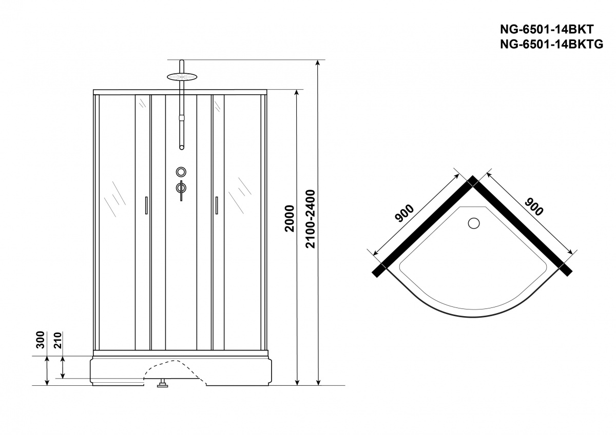 Душевая кабина Niagara NG 6501-14BKT 90x90 стекло тонированное, без крыши, тропический душ