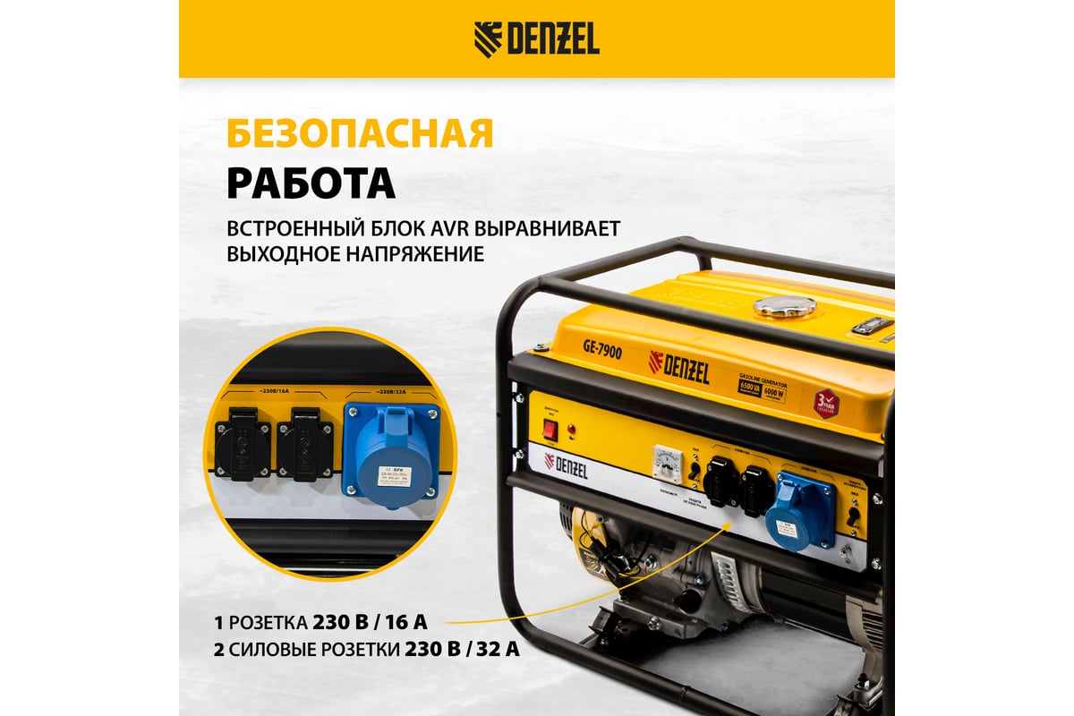 Бензиновый генератор 6,5 кВт, 220В/50Гц, 25 л Denzel GE 7900 94638