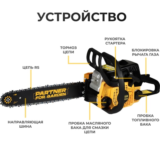 Бензопила Partner For Garden GS-180 / GS-180 P (бензиновая 1.5 л.с, мощность 2 кВт, объем двигателя 49,3 см3 , длина шины 16" - 40 см) ШК 5581