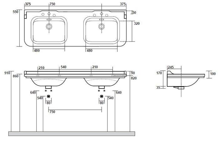 Раковина Kerasan Waldorf 4143K1bi/cr*3 150 см белый/хром (с 3 отв. под смеситель)