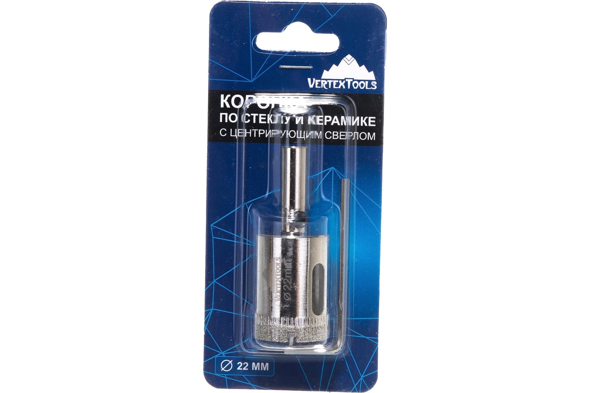 Коронка с центрирующим сверлом по стеклу и керамике (22х55 мм) Vertextools 336-22-55