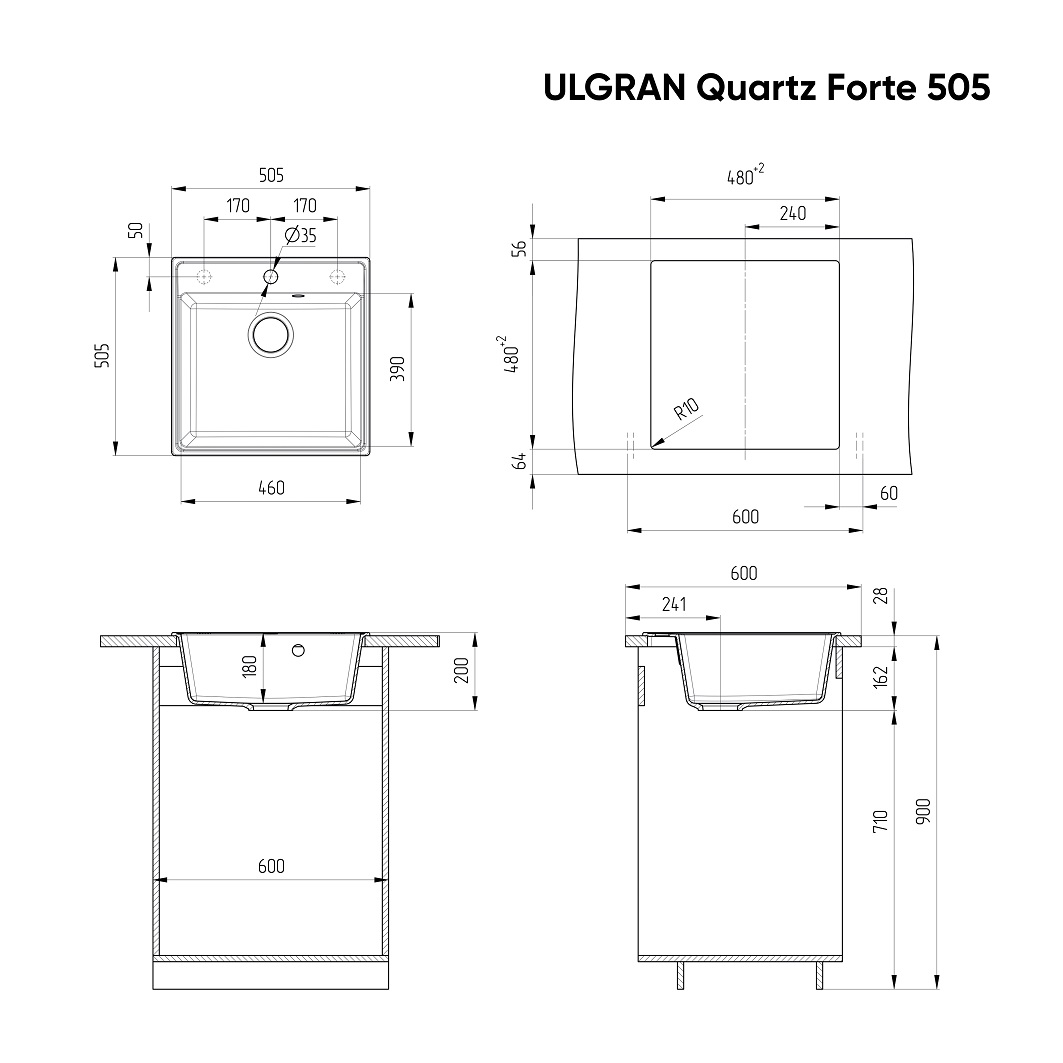 Кухонная мойка Ulgran Quartz Forte 505-05 50.5 см бетон