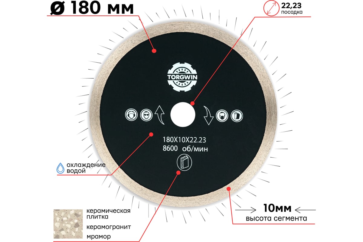 Алмазный диск тонкий сплошной по керамике и камню 180х1.5х10х22.2 мм TORGWIN 106AG-TG18022TKL