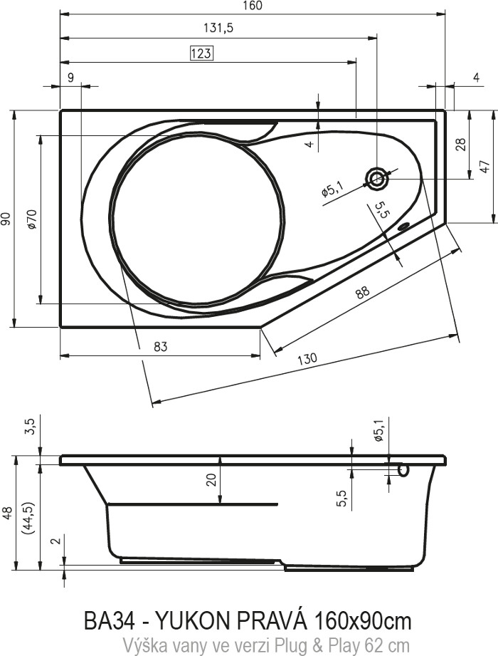 Акриловая ванна Riho Yukon Plug&Play 160x90 см R с монолитной панелью