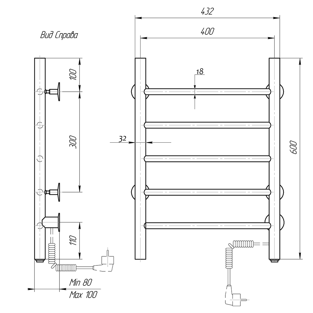 Полотенцесушитель электрический Domoterm Классик DMT 109-5 40x60 EK ТЭН справа, хром