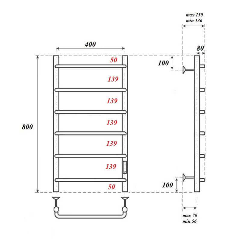 Полотенцесушитель электрический Point PN08848 П6 40x60 диммер справа, хром