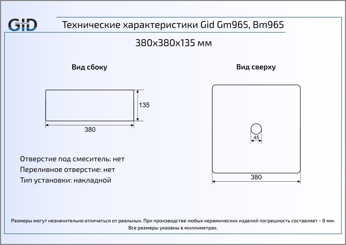 Раковина Gid LuxeLine Bm965 38 см черный матовый