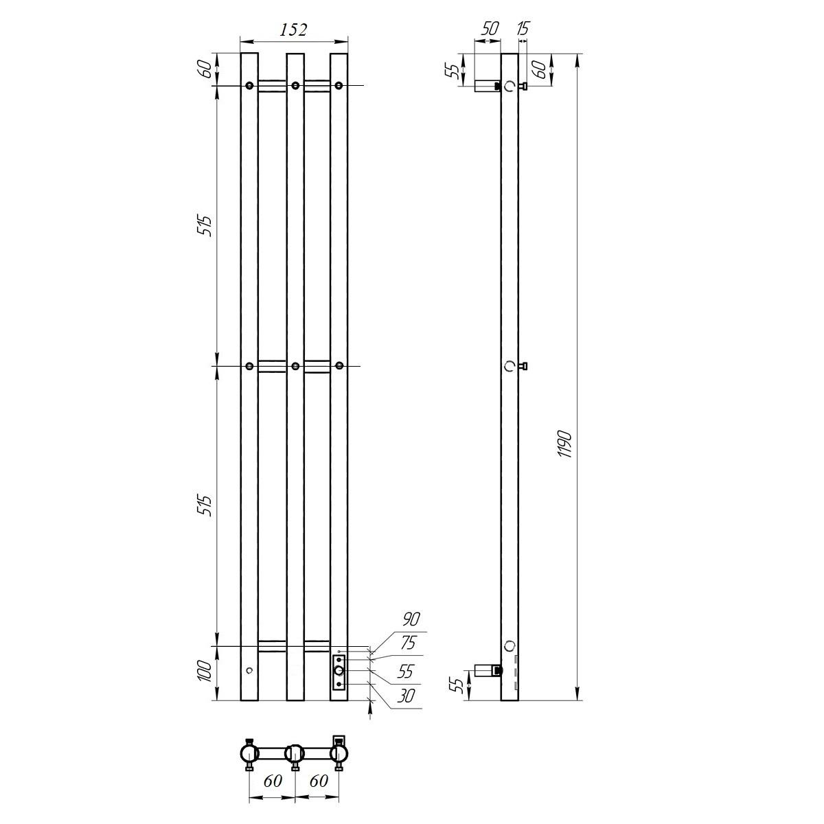 Полотенцесушитель электрический Point Гермес PN12822B П3 120x1200 диммер справа, черный