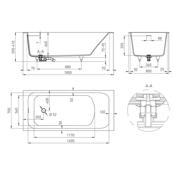 Ванна из литьевого мрамора Salini Orlando Kit S-Sense 180x80 102112G встраиваемая, белый глянцевый