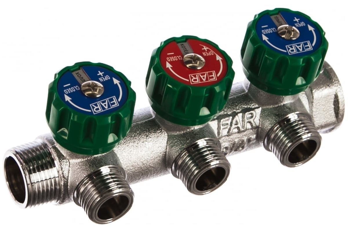 Регулирующий коллектор FAR 3/4" (ВР-НР) с 3 отв. 1/2" НР, плск.упл (заглушка для коллектора FK 4150 34 в комплекте) FK 3822 3412TP41