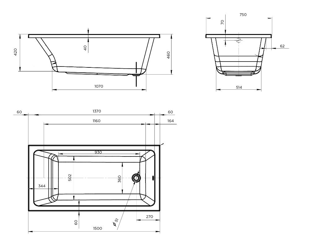 Акриловая ванна Marka One Bianca 150x75