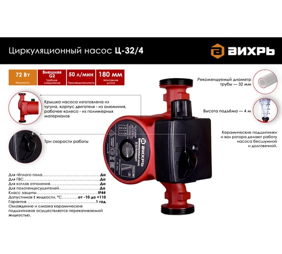 Циркуляционный насос Вихрь Ц-32/4 СТАНДАРТ 68/7/8