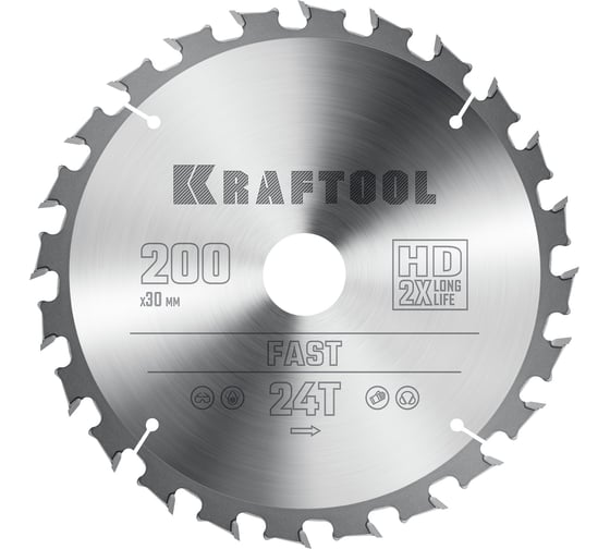 Диск пильный по дереву Kraftool Fast 200x30 мм, 24Т 36950-200-30