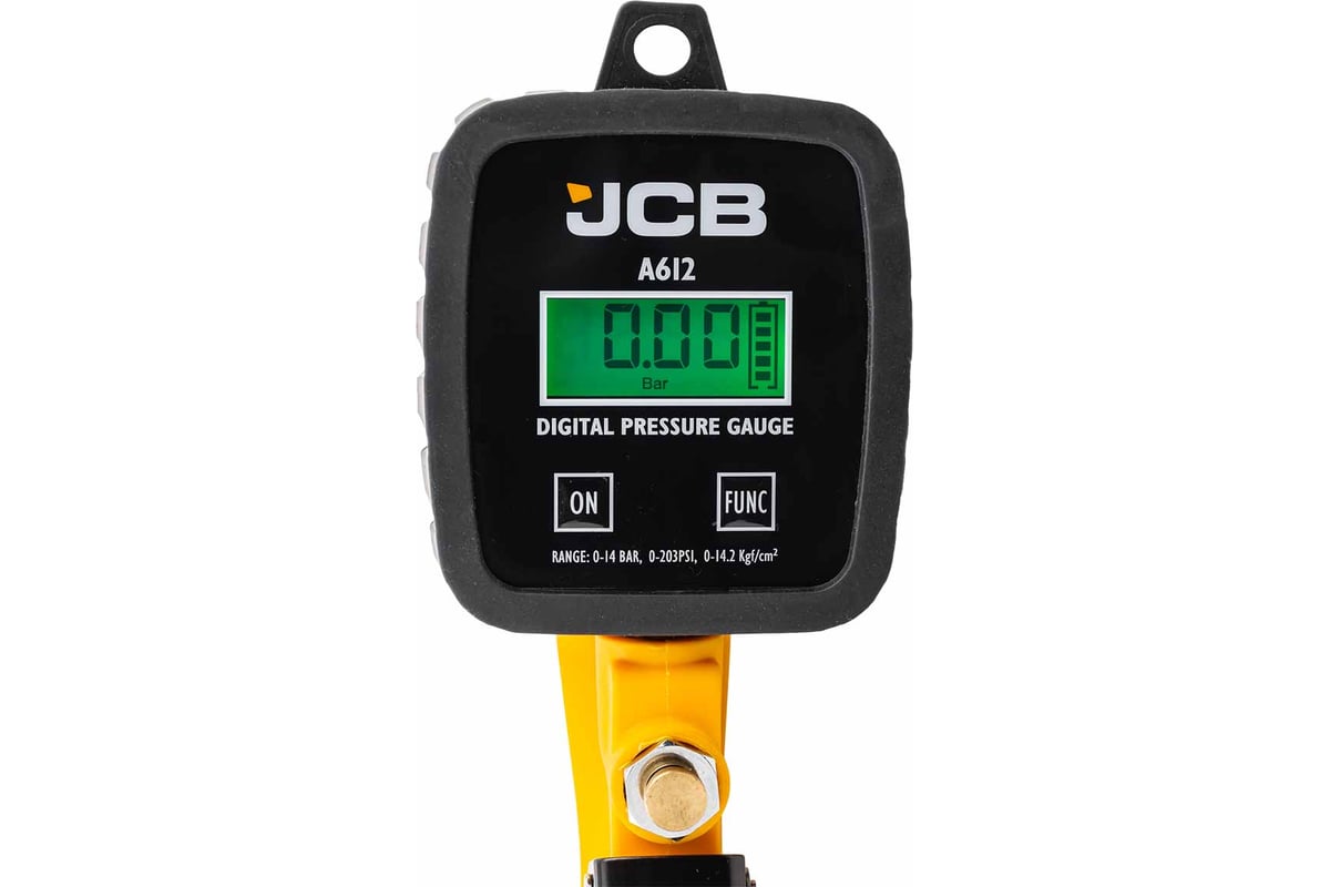 Пистолет для подкачки шин JCB с цифровым манометром 0-14бар, Psi-бар-Кпа-кг/см², шланг 350мм, жесткий удлинитель 150мм JCB-A612(58320)