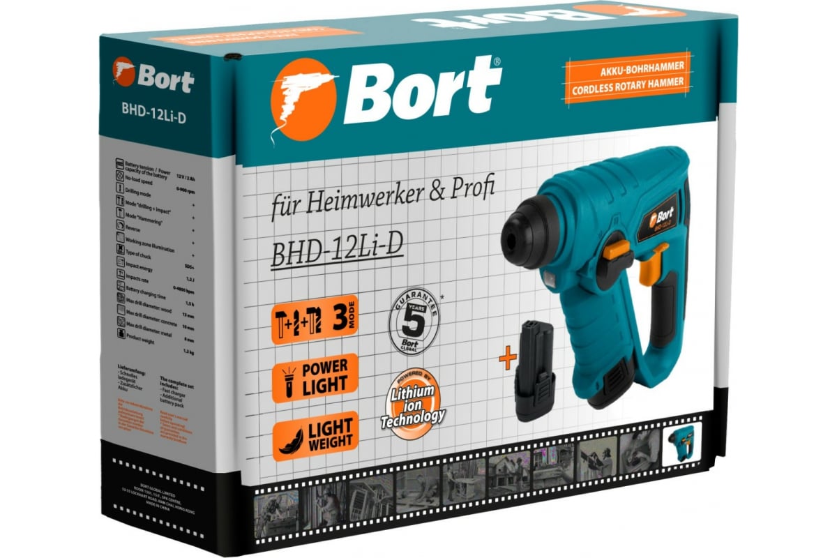 Аккумуляторный перфоратор Bort BHD-12Li-D 93411133