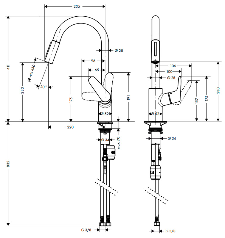 Смеситель для кухни Hansgrohe Focus 31815800, выдвижной излив, сталь