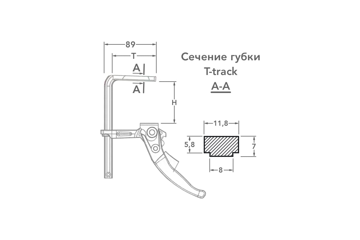 Струбцина WOODWORK кованая, F-тип, 160x60 мм, c рычажной рукояткой для установки в т-паз. усилие прижима до 160 кг RTC-1660