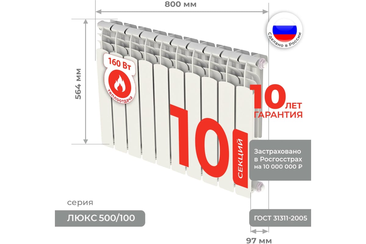 Алюминиевый радиатор Невинномысский радиаторный завод серия Оптима 10 секций 500/100 4603335720504