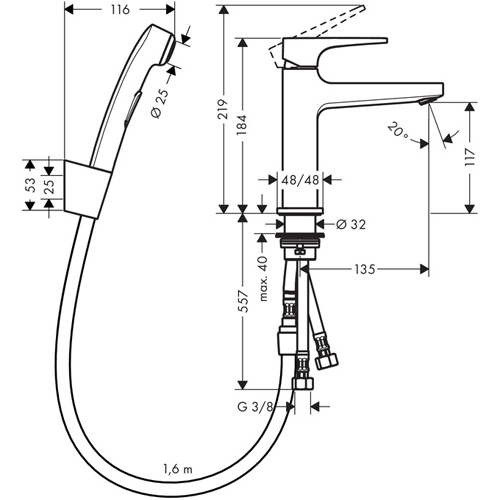 Смеситель для раковины Hansgrohe Metropol 110 74522000 с гигиен.душем