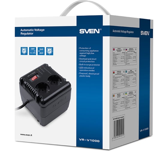 Стабилизатор SVEN VR-V1000 (500Вт,Входное 184-285В, 2×CEE7/4+1×ІЕС320 розеток) SV-015572