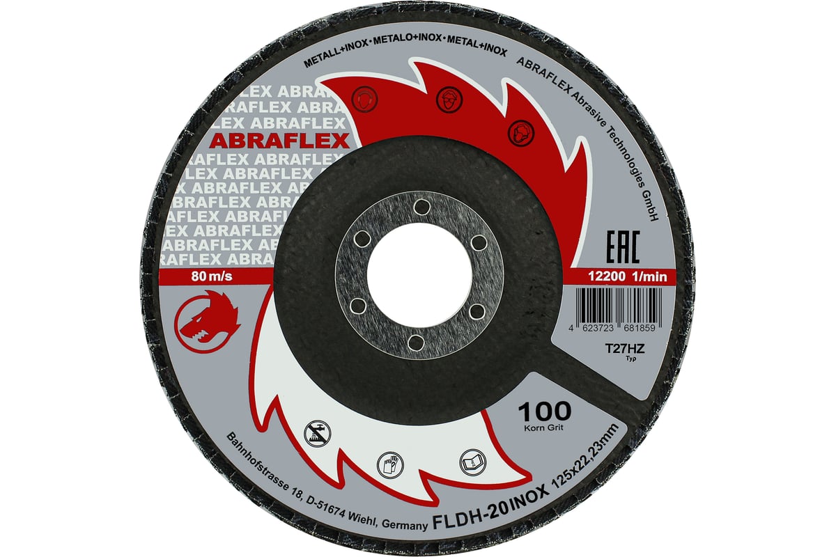 Круг лепестковый торцевой КЛТ1, 125x22.23 мм, P100, по нержавеющей стали Abraflex FLDH20INOX125P100