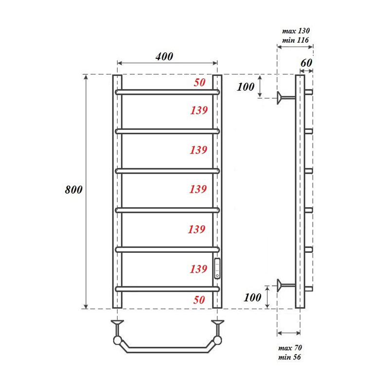 Полотенцесушитель электрический Point PN06848 П6 40x80 диммер справа, хром