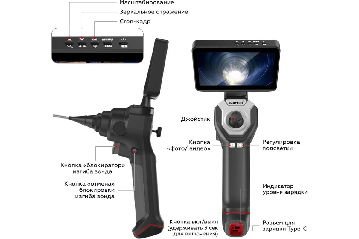 Управляемый видеоэндоскоп iCartool экран 4.5", 1Мп, 1280x720, 1м, 6мм зонд, всесторонняя артикуляция IC-VC106AW