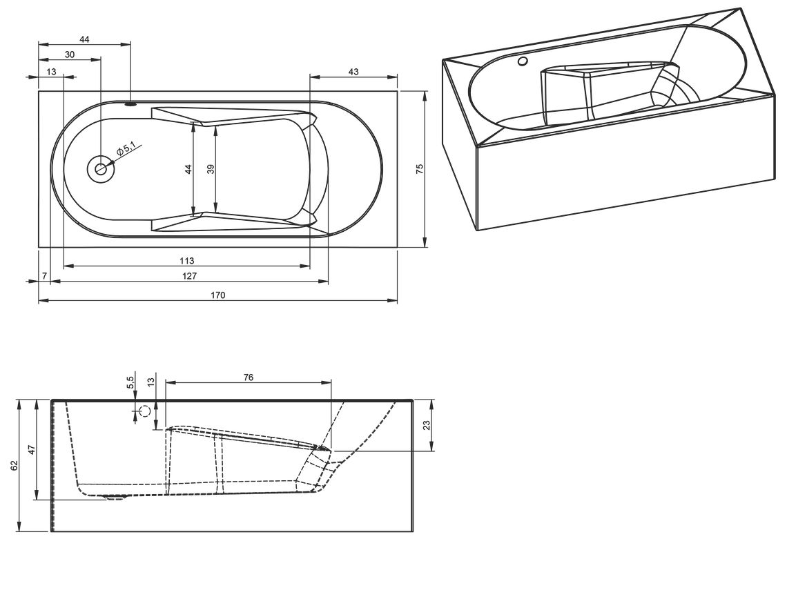 Акриловая ванна Riho Lazy Plug & Play 170x75 см R, с монолитной панелью