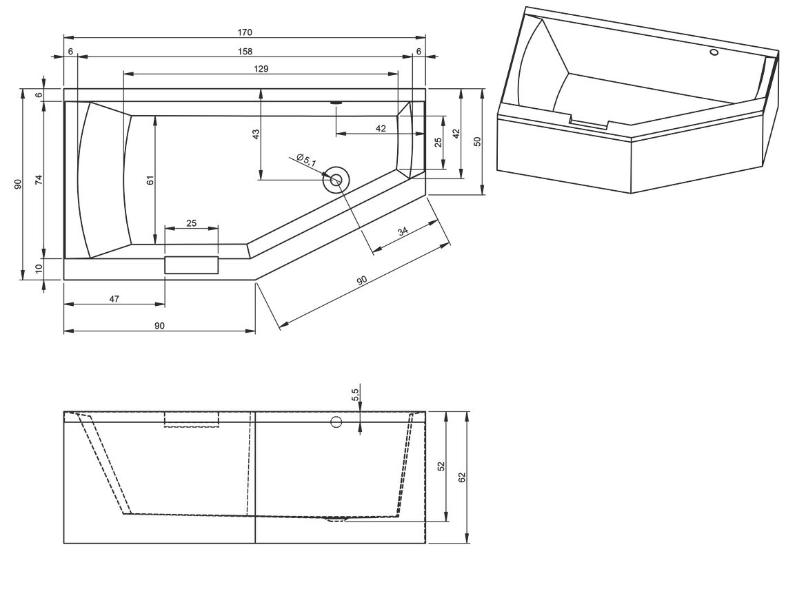 Акриловая ванна Riho Geta Plug & Play 170x90 R с монолитной панелью