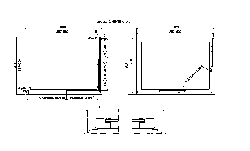 Душевой уголок BelBagno UNO-AH-2-90/70-P-Cr 90x70 рифленый