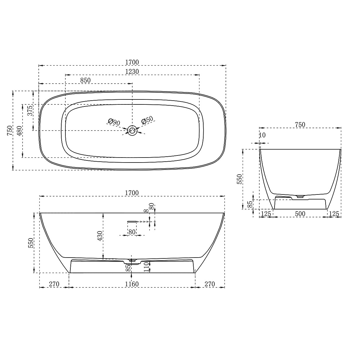 Ванна из искусственного камня Vincea VBT-6S02MW 170x72 см белый матовый