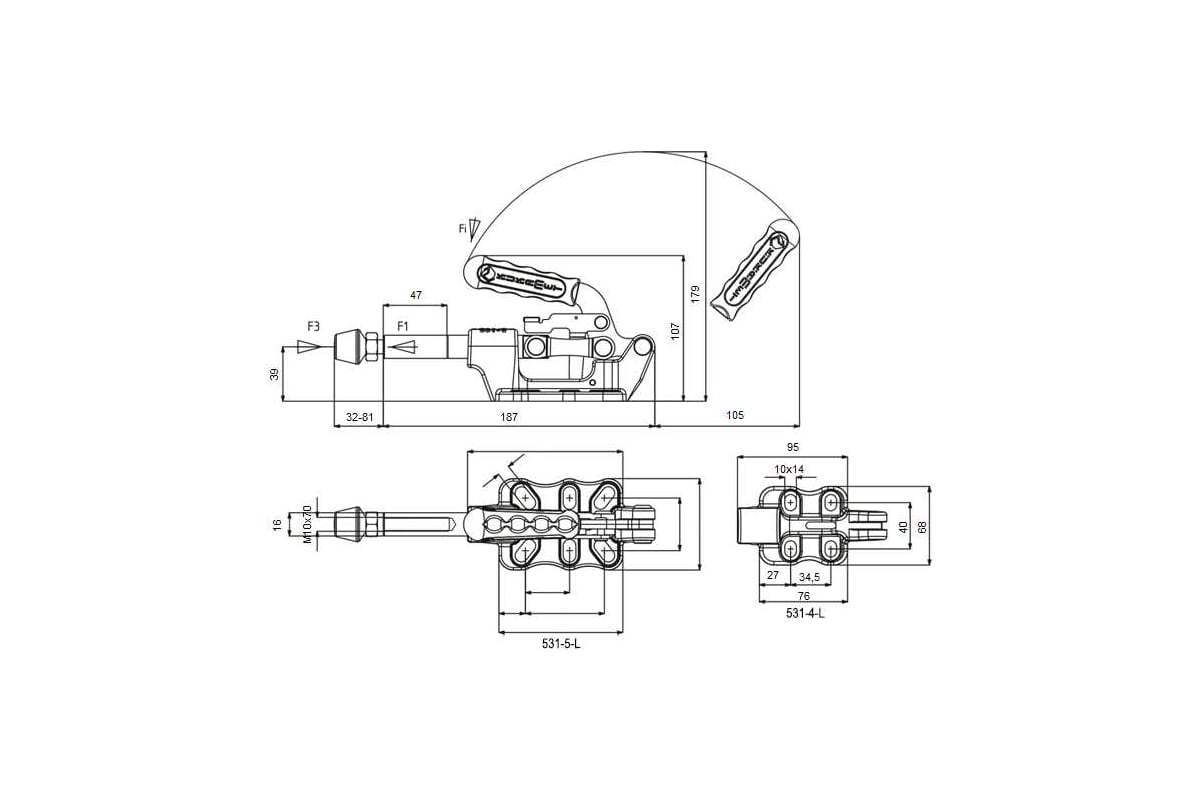Зажим механический плунжерный KUKAMET с кронштейном и стопором 531-4-L-Q16