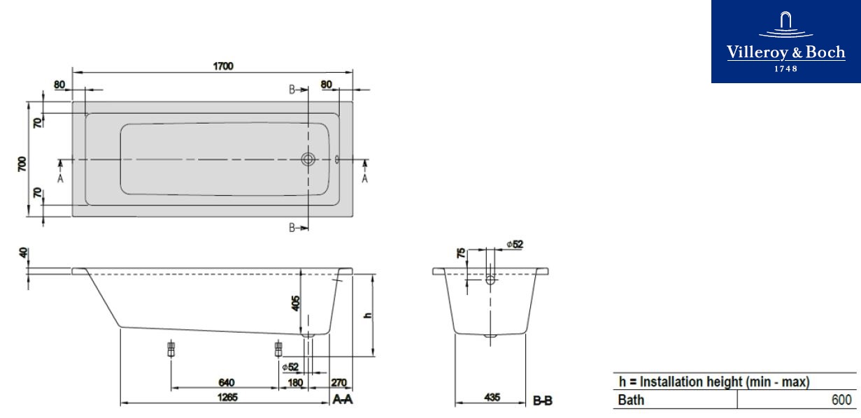 Акриловая ванна Villeroy&Boch Targa Plus Mono 170x70 см