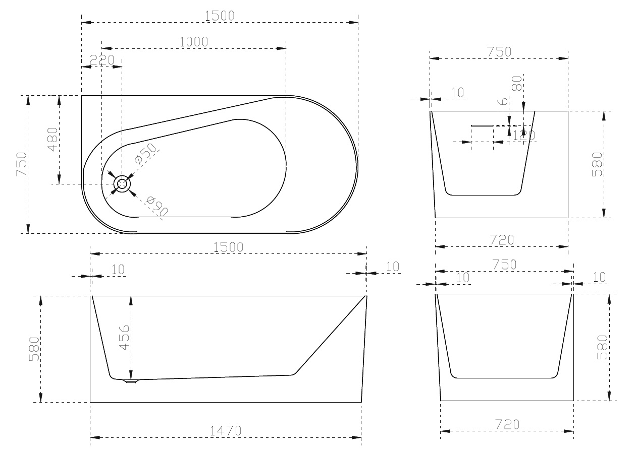 Акриловая ванна Abber AB9496-1.5 150x75 левая, белый