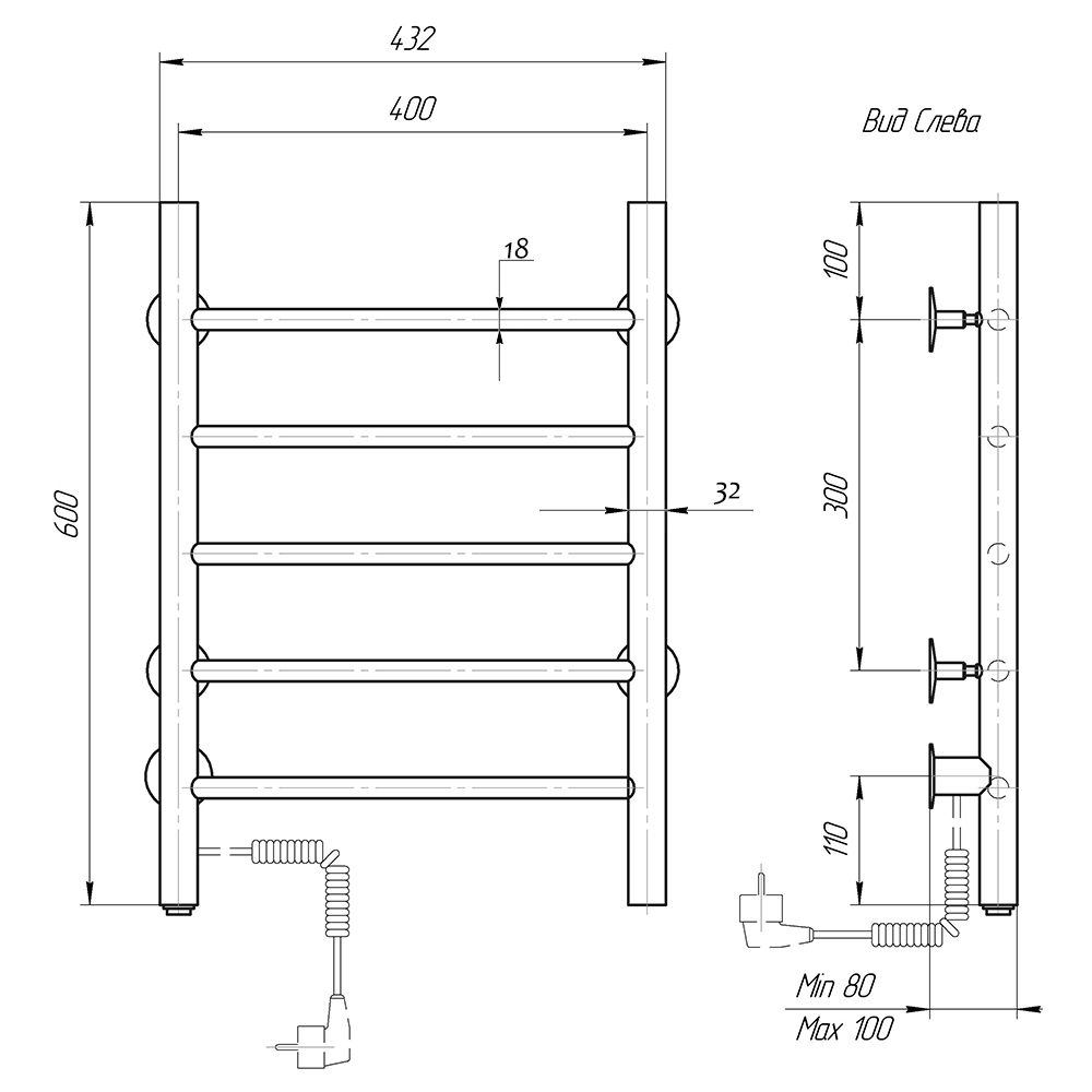 Полотенцесушитель электрический Domoterm Классик DMT 109-5 40x60 EK ТЭН слева, хром