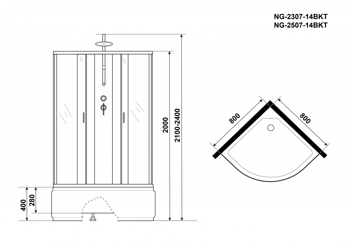 Душевая кабина Niagara NG 2307-14BKT 80x80 стекло матовое, без крыши, тропический душ