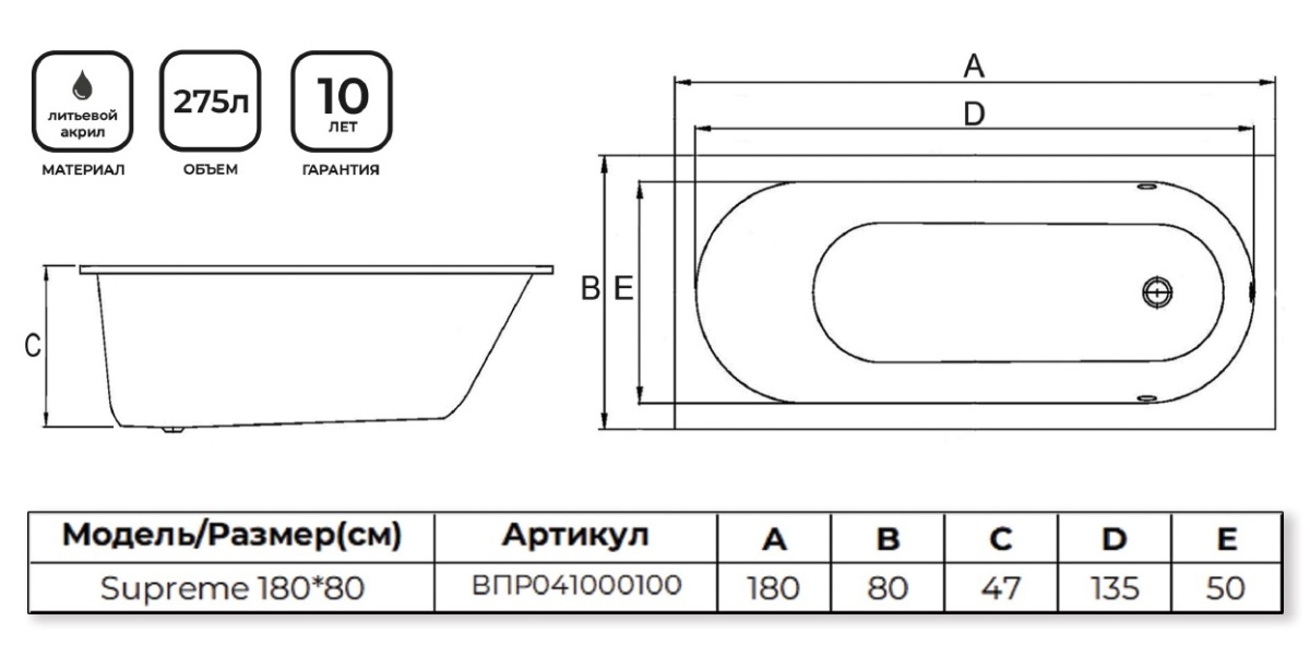 Акриловая ванна Alba Spa Supreme 180x80 белый ВПР041000100