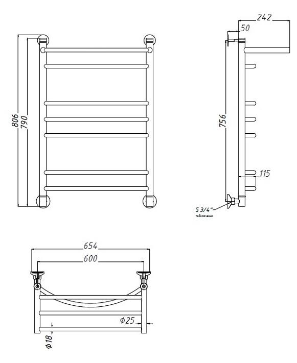 Полотенцесушитель водяной Aquanet Romeo(г2) 60x80 см, с верхней полкой