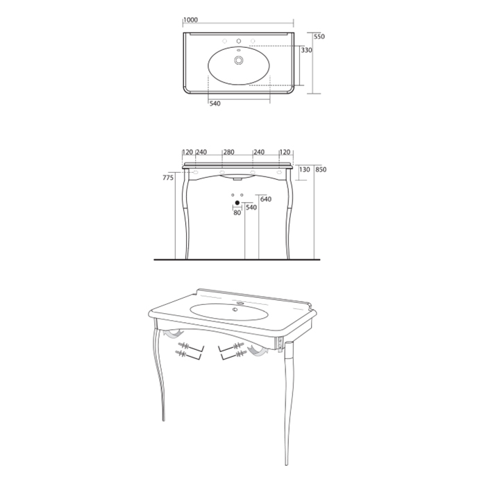 Раковина-консоль Kerasan Retro 1049K0 bi*3 cr legs 100 см (с 3 отв. под смеситель)