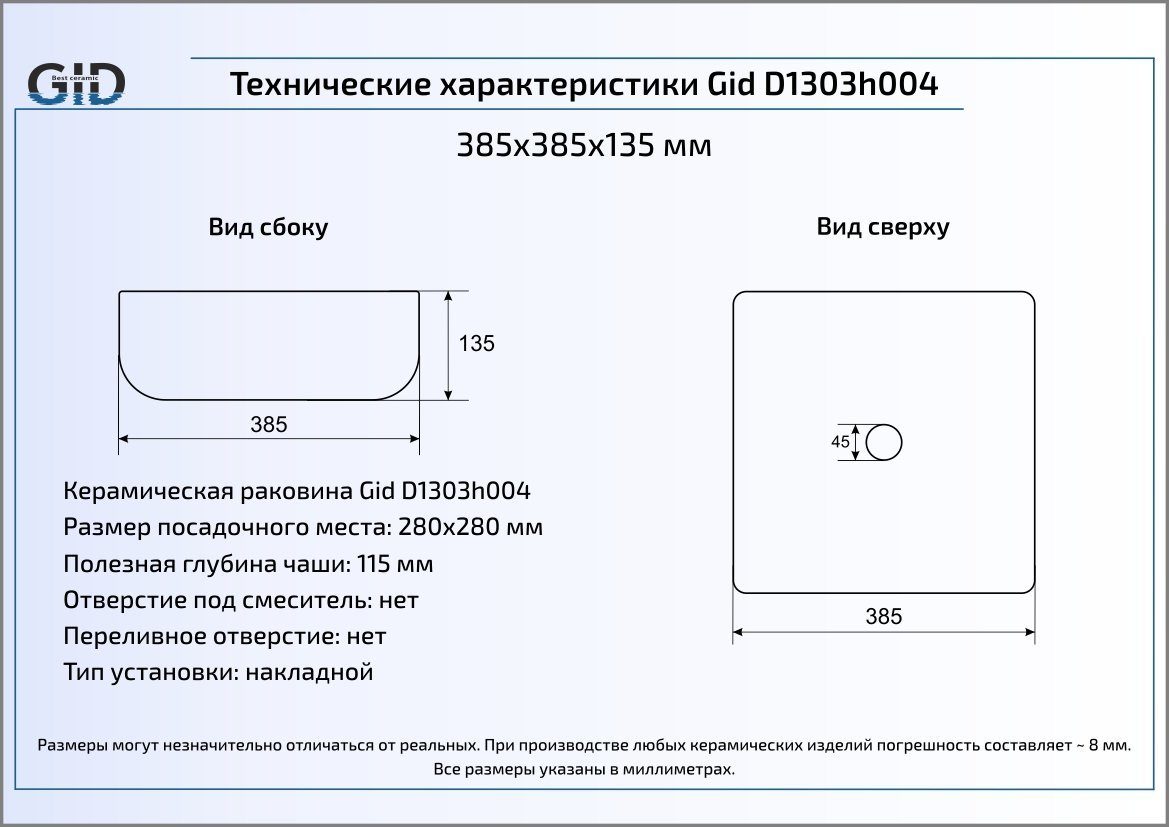 Раковина Gid LuxeLine D1303h004 38.5 см черный