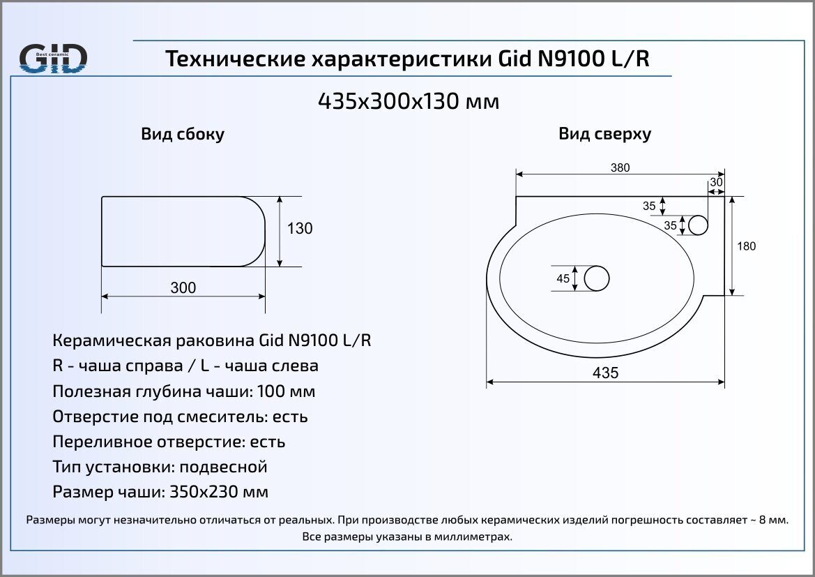 Раковина Gid N9100R 43.5 см правая