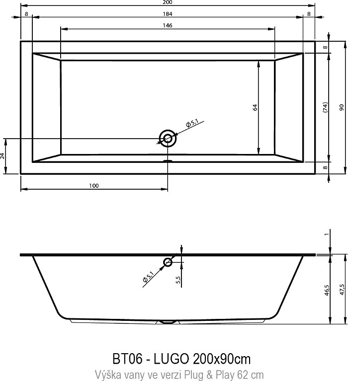 Акриловая ванна Riho Lugo Plug&Play 200x90 см R с монолитной панелью