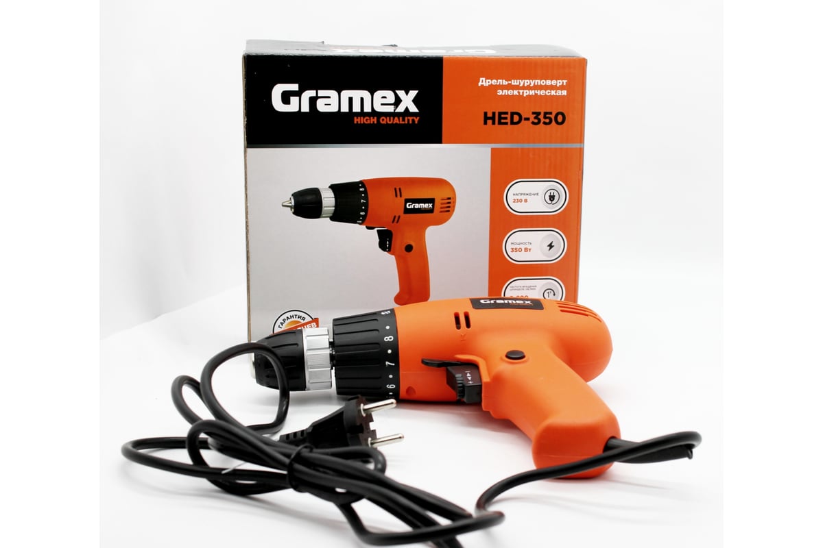 Дрель электрическая шуруповерт Gramex HED-350 (350Вт, пат-10мм, 13Hm, 1 скор, 0-800 об/мин) (1/10) 29654