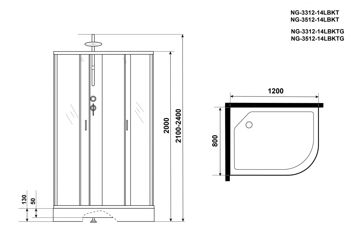 Душевая кабина Niagara NG 3312-14LBKT 120x80 стекло матовое, без крыши, тропический душ